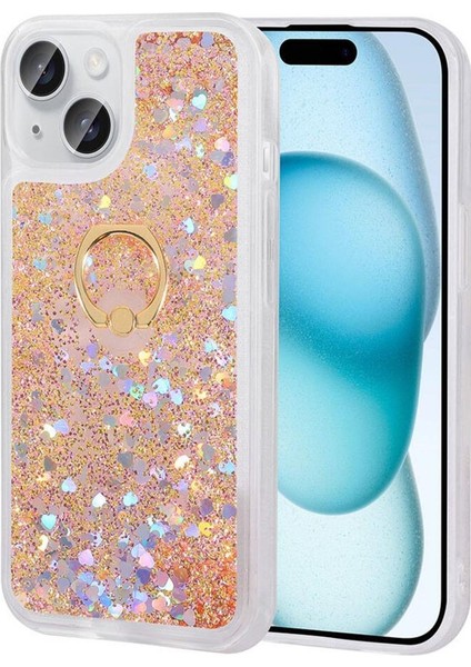 iPhone 15 Plus Kılıf Sıvılı Simli Pullu Yüzüklü Standlı Lüx Silikon