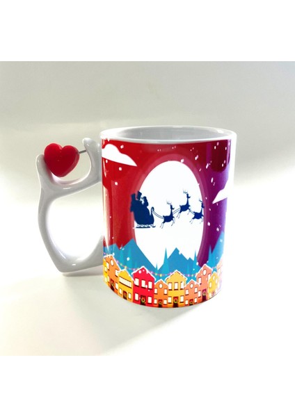 Yılbaşı Gecesi Kızak ve Geyikleri Baskılı Dönen Kalp Figürlü Yılbaşı Kupası