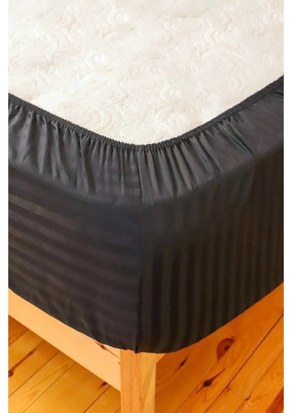 Çizgili Saten 1 Adet 90X200 30 Tek Kişilik Lastikli Yatak Çarşafı ve Yastık Kılıfı 50X70 Set Siyah fırsatları