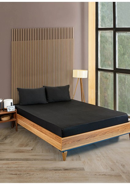 Çizgili Saten 1 Adet 90X200 30 Tek Kişilik Lastikli Yatak Çarşafı ve Yastık Kılıfı 50X70 Set Siyah