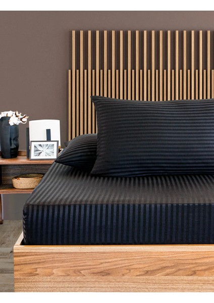 Çizgili Saten 1 Adet 90X200 30 Tek Kişilik Lastikli Yatak Çarşafı ve Yastık Kılıfı 50X70 Set Siyah fiyatları