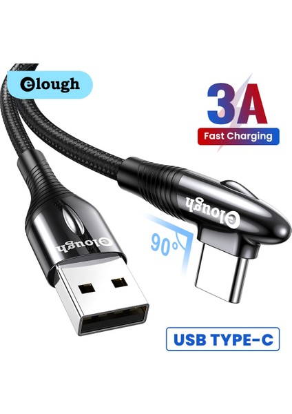 Elough USB C Tipi Kablo 90 Derece 3A Hızlı Şarj Kablosu Samsung Xiaomi Redmi Için Not 10 9 Huawei Cep Telefonları USB C Veri Kablosu (Yurt Dışından)