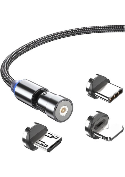 3'ü 1 Arada Manyetik Dönen Hızlı Şarj Kablosu Tarih Kablosu 3A 360 Döndür Manyetik Kablo Mikro USB C Tipi Kablo iPhone Samsung Için (Yurt Dışından)