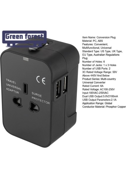 Yeşil Orman Seyahat Adaptörü Çok Fonksiyonlu 2 USB Bağlantı Noktası Seyahat Ac Güç Şarj Adaptörü (Yurt Dışından) modelleri