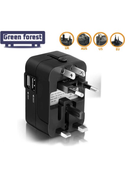 Yeşil Orman Seyahat Adaptörü Çok Fonksiyonlu 2 USB Bağlantı Noktası Seyahat Ac Güç Şarj Adaptörü (Yurt Dışından) indirimleri