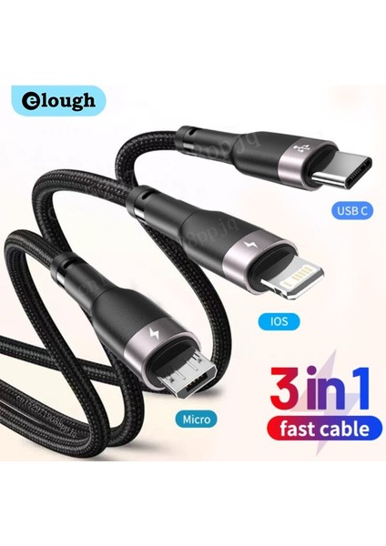 Elough 3 In 1 USB Kablosu iPhone 13 12 Pro 11 Xr Hızlı Şarj Mikro USB C Kablosu Xiaomi Samsung iPad Veri Tipi C Kablosu (Yurt Dışından)
