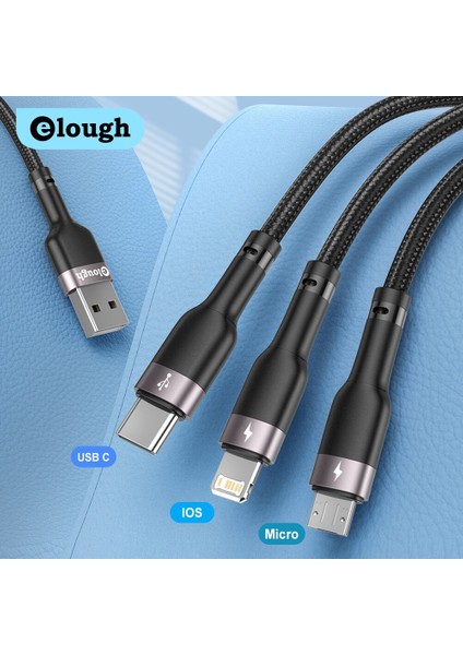 Elough 3 In 1 USB Kablosu Mikro USB C Tipi Kablo iPhone 13 12 Pro Max Mini Xiaomi Samsung 3A Hızlı Şarj Kablosu Veri Kablosu (Yurt Dışından)