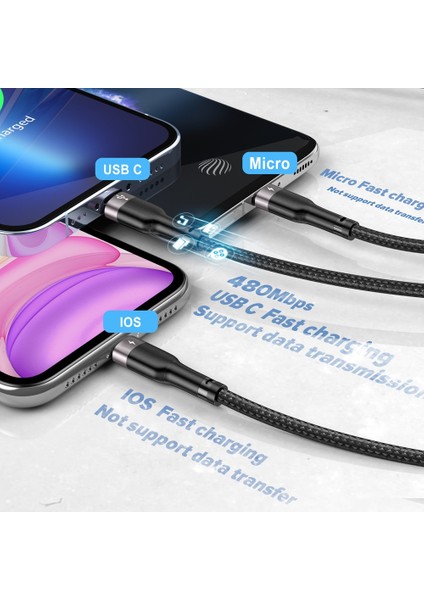 Elough 3 In 1 USB Kablosu iPhone 13 12 Pro 11 Xr Hızlı Şarj Mikro USB C Kablosu Xiaomi Samsung iPad Veri Tipi C Kablosu (Yurt Dışından)