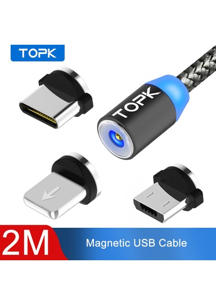 Topk AM17 2 M LED Manyetik USB Kablosu iPhone Xs Için Max Mikro USB Tip C Kablo Samsung Örgülü Telefon Kablosu Mıknatıs Şarj Kablosu (Yurt Dışından)