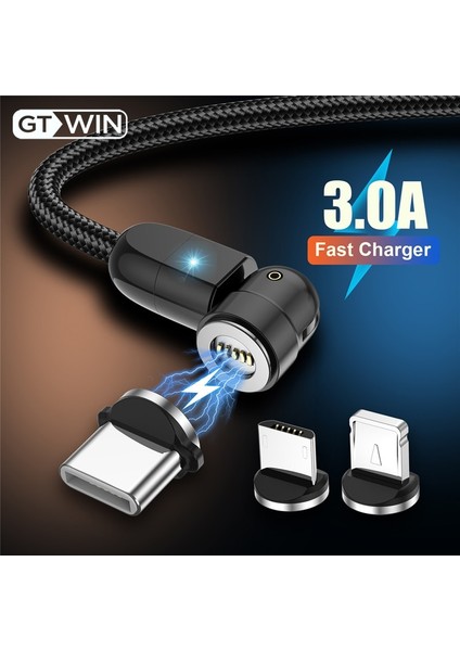 Gtwın 3A Hızlı Şarj Manyetik USB Kablosu 540 Döndür Mıknatıs Şarj Cihazı 2 M IPhone Xiaomi Samsung Mikro USB C Tipi Kablo Veri Kablosu (Yurt Dışından)