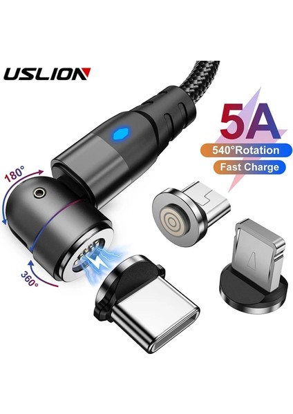 Uslıon 540 Döndür 5A Manyetik Kablo Hızlı Şarj Cep Telefonu Mıknatıs Şarj Cihazı Tel Kordon Mikro C Tipi Kablo iPhone Xiaomi (Yurt Dışından)