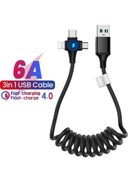 6A 3in1 Bahar Şarj Kablosu Huawei Xiaomi Samsung Mikro 8 Pin Tip-C Hızlı iPhone Şarj Cihazı Geri Çekilebilir USB Veri Kablosu (Yurt Dışından)