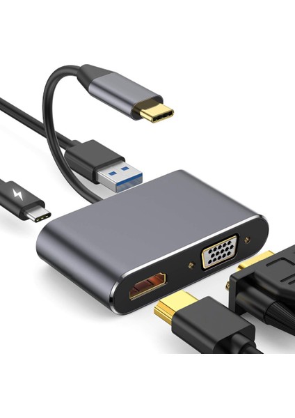 Tip C - HDMI 4K VGA Usb3.0 Dönüştürücü Şarj Bağlantı Noktası Hub Adaptörü (Yurt Dışından)