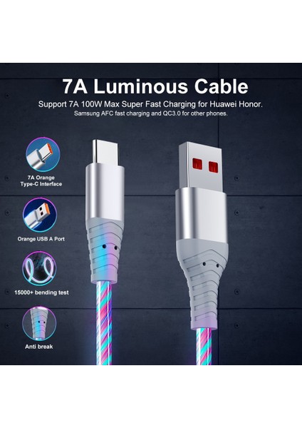 7A 100W Akış Aydınlık USB C Tipi Kablo Huawei P50 Onur 3A Hızlı Şarj USB C Şarj Veri Kablosu Xiaomi Samsung iPhone Için (Yurt Dışından)