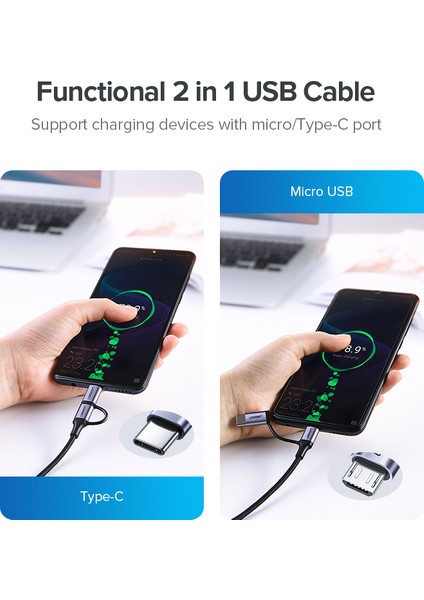 Ugreen USB Tip C Mikro USB Kablosu 1 M Samsung Galaxy S10 S9 Huawei Y9 Hızlı Şarj 2 In 1 Veri Kablosu Cep Telefonu USB Şarj Kablosu (Yurt Dışından)