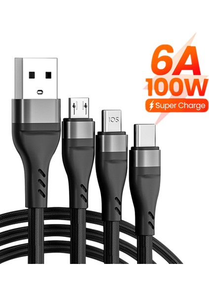 100W 3'ü 1 Arada Süper Şarj Kablosu 6A Mikro USB C Tipi Hızlı Şarj Cihazı C Tipi Kablo Veri Kablosu iPhone Samsung Xiaomi Huawei Için (Yurt Dışından)