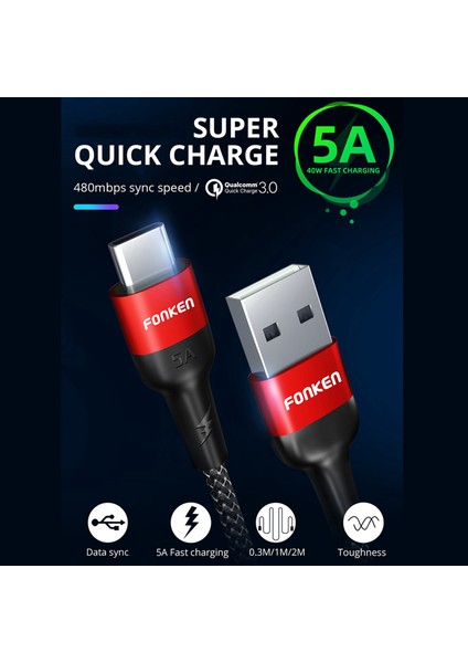 Fonken 2x 5A USB C Tipi Kablo Süper Şarj 40 W USB C Tel Şarj Cihazı C Tipi 0.3 M Samsung Huawei Xiaomi Hızlı Şarj Kabloları (Yurt Dışından)