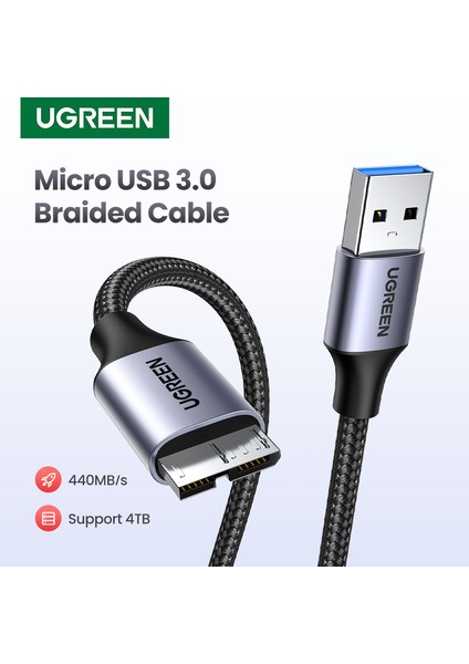 Ugreen Mikro USB 3.0 Kablosu, USB 3.0 A - Mikro B Kablosu Naylon Örgülü Harici Sabit Sürücü Kablosu, Samsung Galaxy S5, Note 3/pro 12.2, Western Digital, Toshiba (Yurt Dışından)