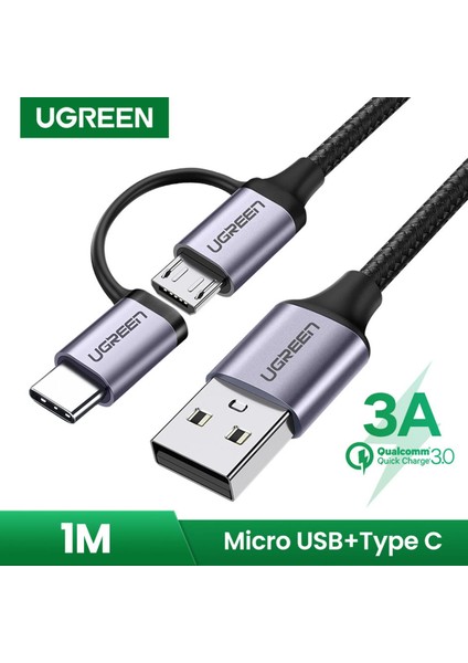 Ugreen 2'si 1 Arada Mikro USB ve USB Tip C Hızlı Şarj Kablosu 1m Için Huawei Nova /xiaomi A1/a2/mi 6/mi 8/pocophone F1/one Plus/asus/samsung Telefon (Yurt Dışından)