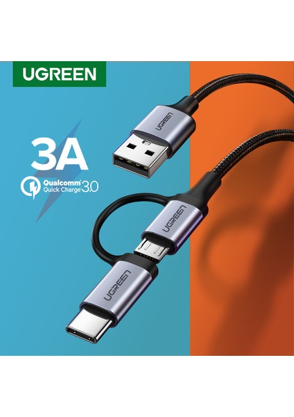 Ugreen 2'si 1 Arada Mikro USB ve USB Tip C Hızlı Şarj Kablosu 1m Için Huawei Nova /xiaomi A1/a2/mi 6/mi 8/pocophone F1/one Plus/asus/samsung Telefon (Yurt Dışından)
