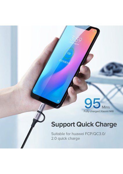 Ugreen 2'si 1 Arada Mikro USB ve USB Tip C Hızlı Şarj Kablosu 1m Için Huawei Nova /xiaomi A1/a2/mi 6/mi 8/pocophone F1/one Plus/asus/samsung Telefon (Yurt Dışından)