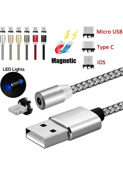 Betty Becky M Manyetik Şarj Kablosu Mikro USB Tip C LED Aydınlatma IPhone Mıknatıs Şarj Cihazı Microusb Şarj Kablosu Kablosu (Yurt Dışından)