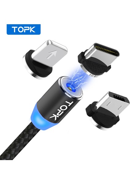 Topk AM23 1m LED Manyetik Kablo Mikro USB Kablosu USB Tip C Kablo Naylon Örgülü Tip-C Mıknatıs Şarj Kablosu iPhone Xs Max Için (Yurt Dışından)