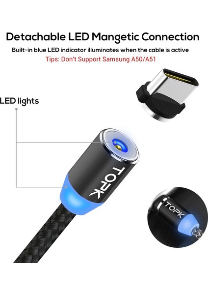 Topk AM23 1m LED Manyetik Kablo Mikro USB Kablosu USB Tip C Kablo Naylon Örgülü Tip-C Mıknatıs Şarj Kablosu iPhone Xs Max Için (Yurt Dışından)