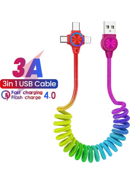 3in1 Bahar 3A Hızlı Şarj Kablosu iPhone Mikro Tip C 8 Pin Şarj Kablosu Xiaomi Huawei Poco Geri Çekilebilir USB Veri Kablosu (Yurt Dışından)