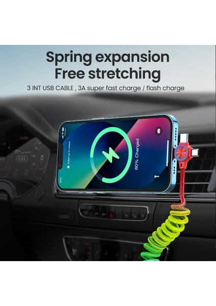 3in1 Bahar 3A Hızlı Şarj Kablosu iPhone Mikro Tip C 8 Pin Şarj Kablosu Xiaomi Huawei Poco Geri Çekilebilir USB Veri Kablosu (Yurt Dışından)