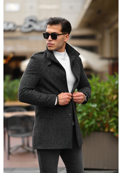 Erkek Dar Kesim Dik Yaka Uzun Yün Karışımlı Koyu Desenli Kaşe Kaban