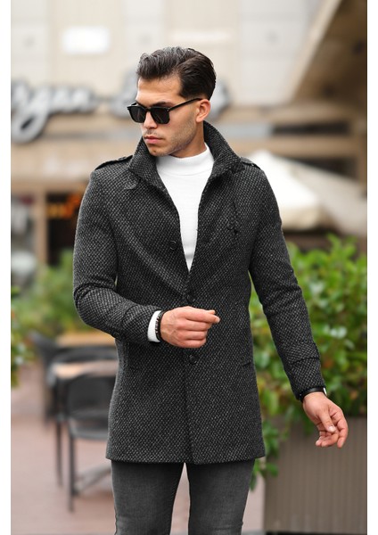 Erkek Dar Kesim Dik Yaka Uzun Yün Karışımlı Koyu Desenli Kaşe Kaban fiyatları