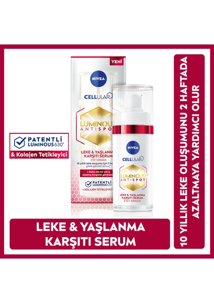 NIVEA Luminous630 Hyaluronik Asit içeren ve Kolajen Tetikleyici  Leke ve Yaşlanma Karşıtı Cilt Serumu 30ml