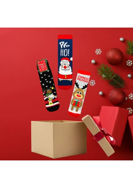 D Kit Boutique Yılbaşı Çorabı - Yılbaşı Hediyesi 3lü Set- Renkli Desenli Noel Baba ve Kış Temalı Çorap Seti