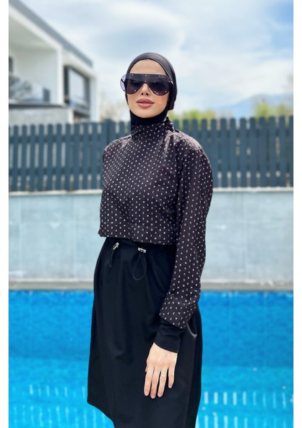 Remsa Paraşüt Önü Kapaklı Tam Kapalı Tesettür Mayo R045 Siyah Monogram