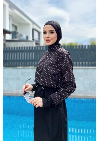 Remsa Paraşüt Önü Kapaklı Tam Kapalı Tesettür Mayo R045 Siyah Monogram