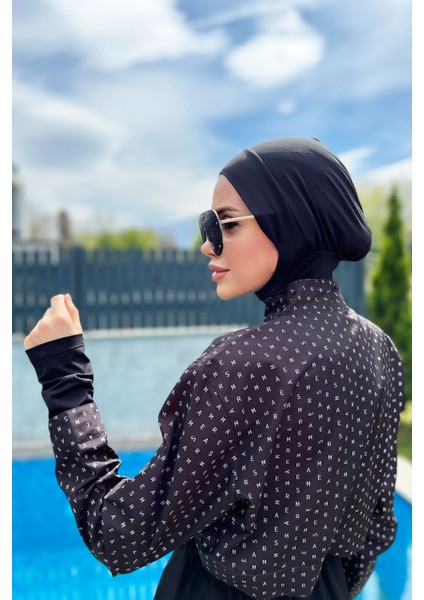 Remsa Paraşüt Önü Kapaklı Tam Kapalı Tesettür Mayo R045 Siyah Monogram