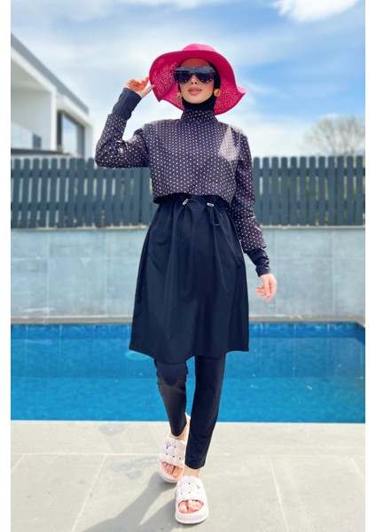 Remsa Paraşüt Önü Kapaklı Tam Kapalı Tesettür Mayo R045 Siyah Monogram