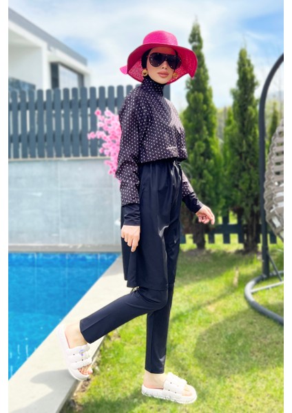 Remsa Paraşüt Önü Kapaklı Tam Kapalı Tesettür Mayo R045 Siyah Monogram