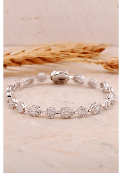 Baget Oval Pırlanta Montürlü Rodyumlu Gümüş Bileklik 4462
