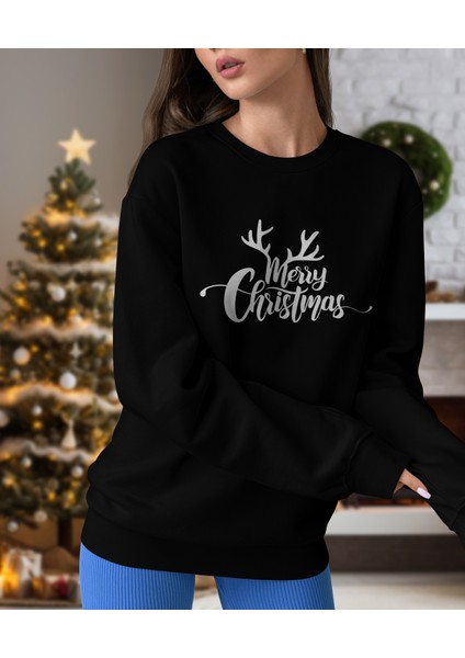 Kadın Siyah Oversıze Içi Geyik Ve Merry Chrıstmas Temalı Sweatshırt