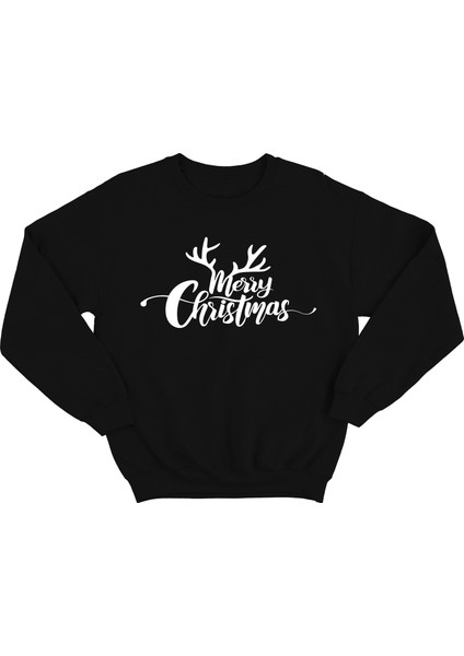 Kadın Siyah Oversıze Içi Geyik Ve Merry Chrıstmas Temalı Sweatshırt