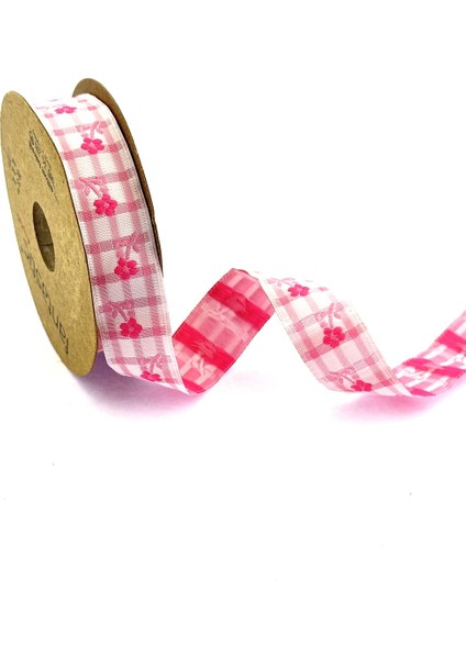 Çiçek Desenli Ekose Dokuma Kurdele (20MM Genişlik - 10MT Uzunluk)