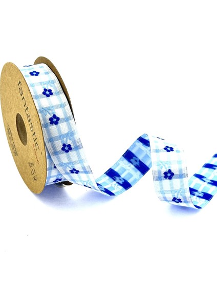 Çiçek Desenli Ekose Dokuma Kurdele (20MM Genişlik - 10MT Uzunluk)