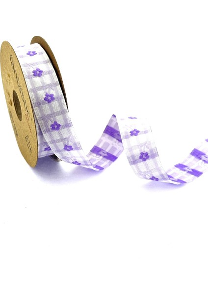 Çiçek Desenli Ekose Dokuma Kurdele (20MM Genişlik - 10MT Uzunluk)