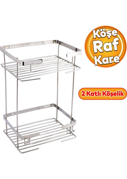 Kare Köşelik Ilgaz Banyo Köşe Raf Krom 2 Katlı Şampuan Askı Kese Sabun Duş Malzeme Estetik Muhafaza