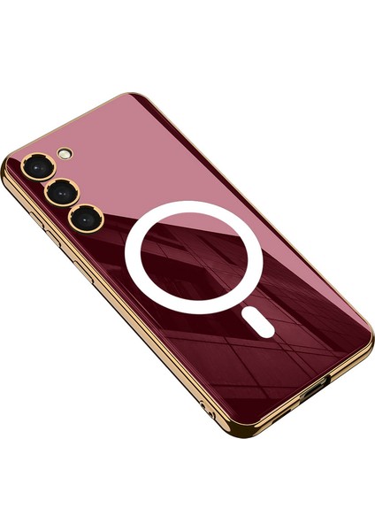 - Samsung Galaxy S23 Plus - Kılıf Wireless Şarj Özellikli Kenarları Elektroplating Kaplama Aynalı Kent Kapak - Koyu Kırmızı - T26496