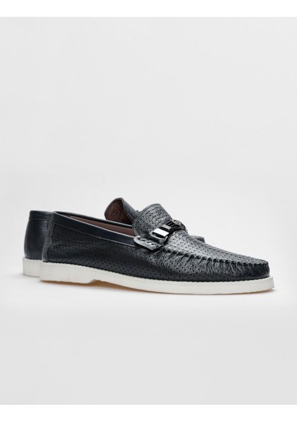 Hakiki Deri Lacivert Lazer Detaylı Erkek Loafer