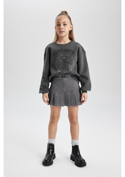 Kız Çocuk Baskılı Bisiklet Yaka Kalın Sweatshirt B7817A823WN