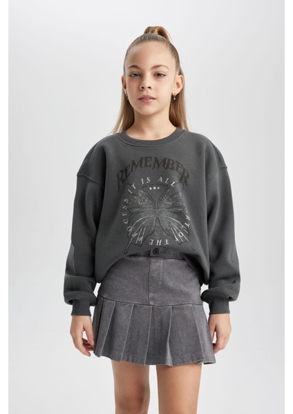 Kız Çocuk Baskılı Bisiklet Yaka Kalın Sweatshirt B7817A823WN